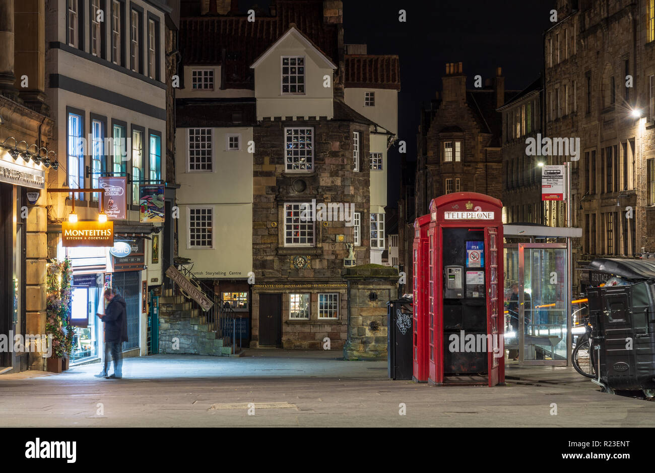 Edinburgh, Scotland, UK - November 2, 2018: The old stone house of 16th Century religious reformer John Knox is lit at night on Edinburgh's Royal Mile Stock Photo