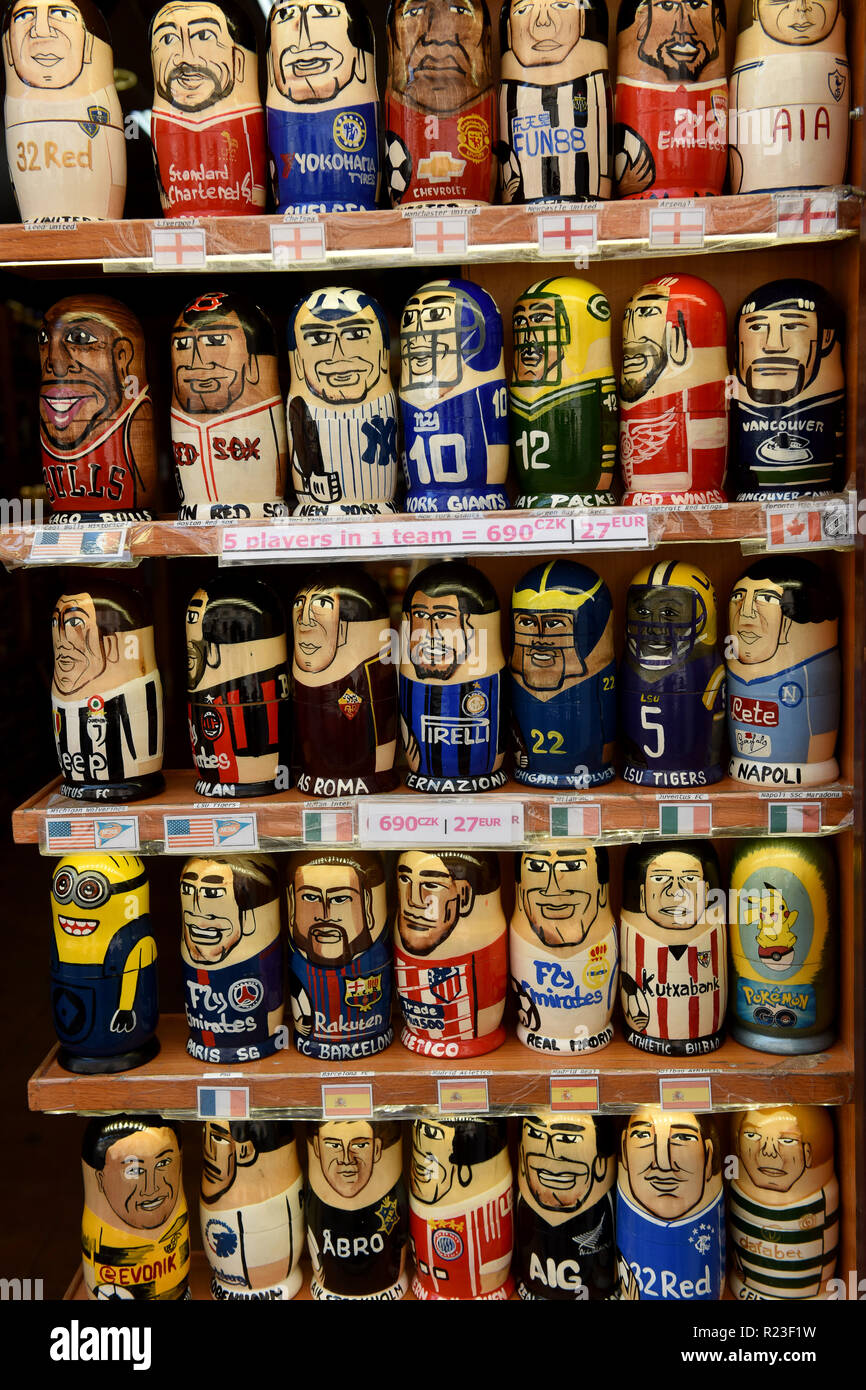Russian dolls characterising sports celebrities in a Prague tourist shop Stock Photo