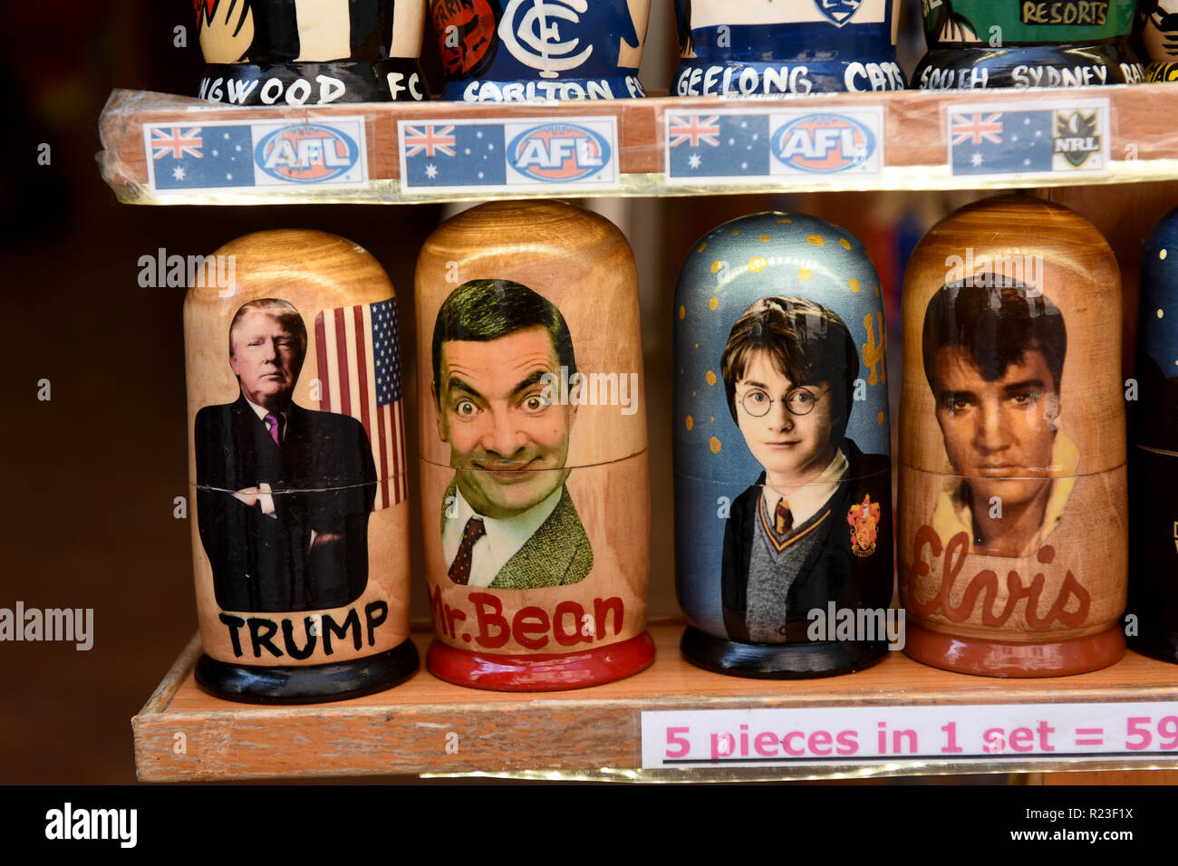 Russian dolls characterising celebrities in souvenir Prague tourist shop Stock Photo