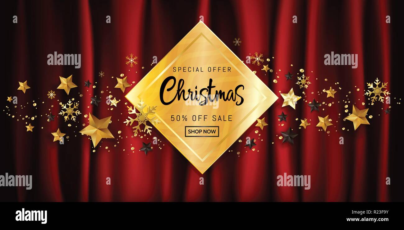 Elegant Christmas calligraphic design for sale poster banner promotion on gold gift box decorated with golden snowflakes and glitter stars on dark red Stock Vector