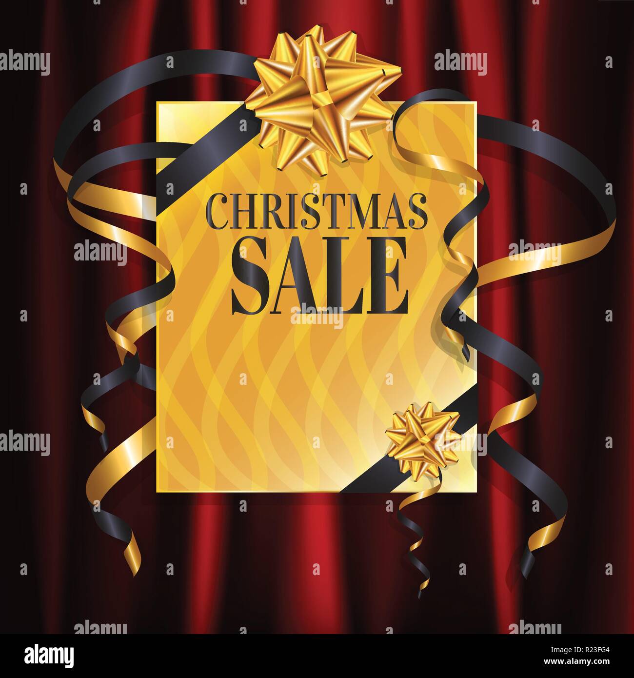 Luxury gold Christmas and New Year sale banner design with gift, present box on red satin soft and crumpled cloth background with copy space. EPS10 Ve Stock Vector