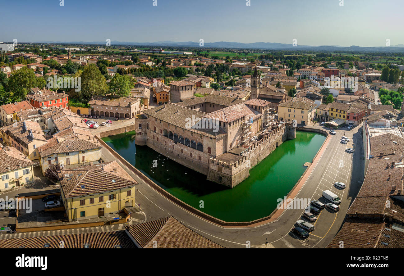 Aerial view of Fontanellato castle rocca, renaissance residential fortification in the middle of the town surrounded by moat Stock Photo