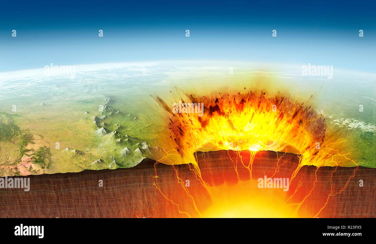 Yellowstone eruption, illustration. Yellowstone National Park in America is sited above an underground magma chamber. It is, in effect, a potential supervolcano. This illustration shows a section through the Earth during an eruption. Stock Photo