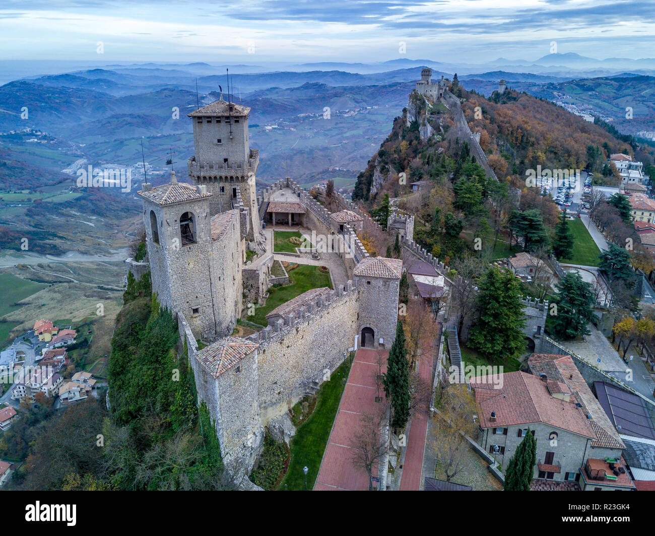 Aerial view of the Republic of San Marino near Rimini Italy, with