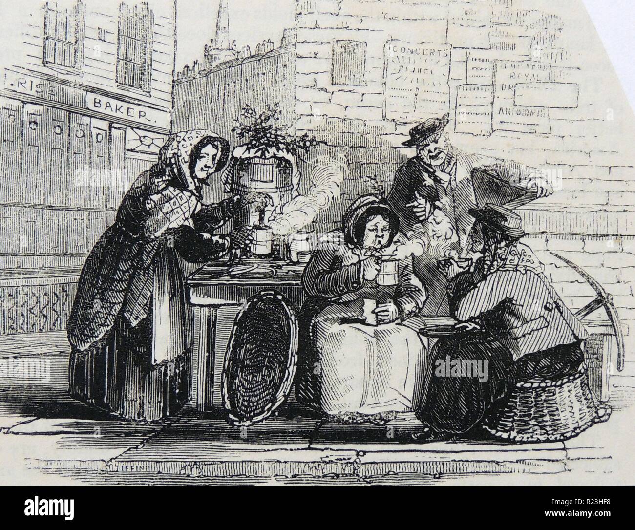 Street coffee stall, London, England. Engraving, 1850. Stock Photo