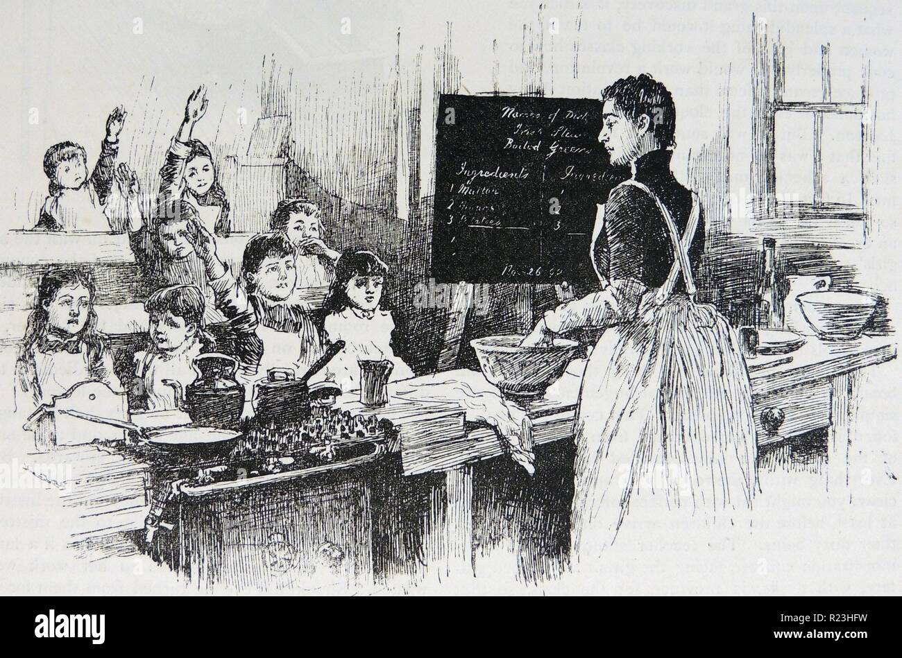 Girls at a London Boarding School attending a cookery class. Engraving, London, 1891. Stock Photo