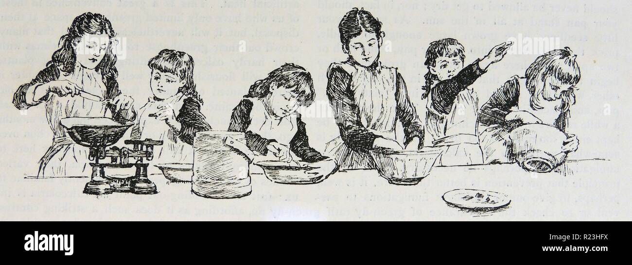 Girls at a London Boarding School during their practical cookery class. Engraving, London, 1891. Stock Photo