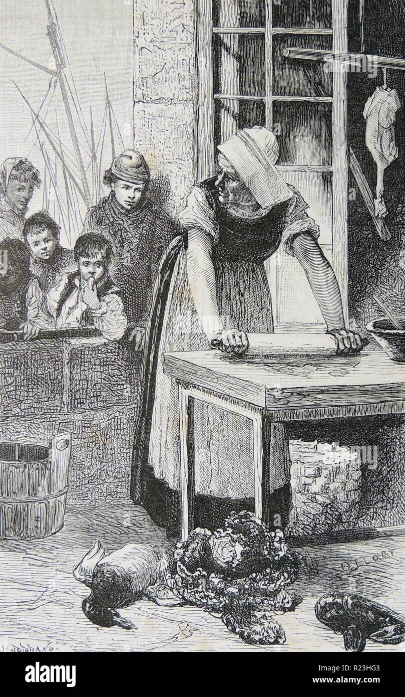 French woman rolling out pastry watched by hungry boys. Engraving, Paris, 1878. Stock Photo
