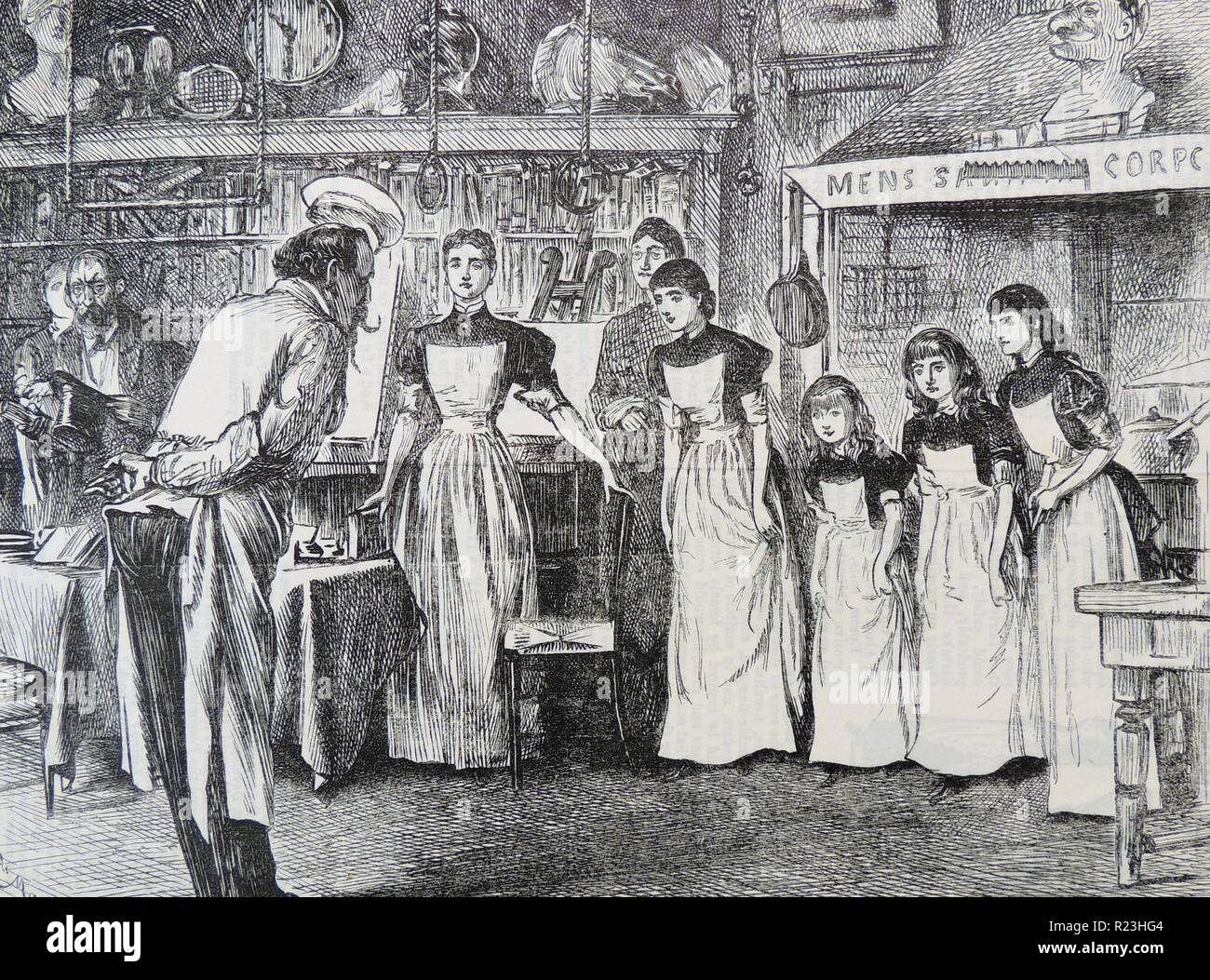 THE SCHOOL-ROOM AS IT OUGHT TO BE: Music master, left, slips away as five daughters of the house meet their new master who champions a healthy diet which, with gymnastic exercise (apparatus hanging from ceiling), will form them into active Modern women. George du Maurier cartoon from ''Punch'', London, 1879. Stock Photo