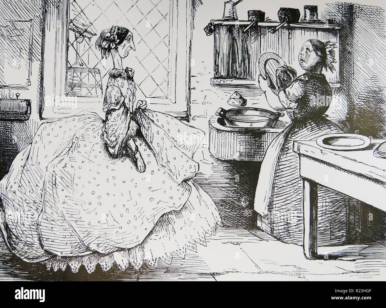 The servant problem: Housewife visits the kitchen to complain to her 'Good Plain Cook' about caterpillars in vegetables. Cook has a cheeky answer for everything. Cartoon from ''Punch'', London, 1860. Stock Photo