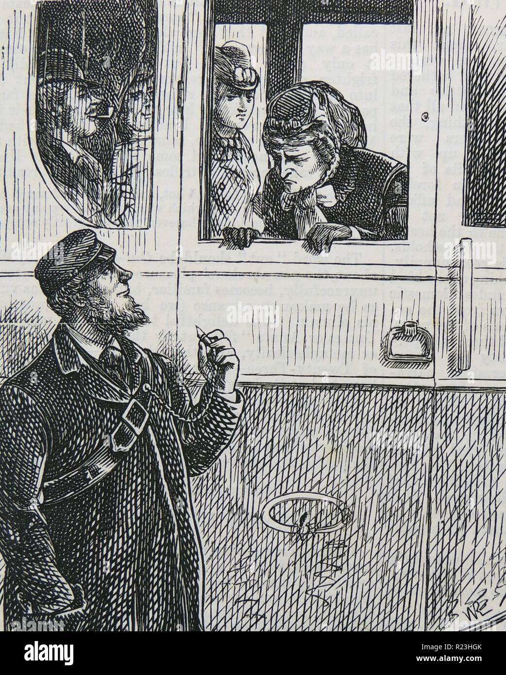 Woman objecting to smoking in her railway compartment receiving an unsatisfactory answer by the guard about to blow his whistle. Cartoon from ''Punch'', London, 1871. Stock Photo