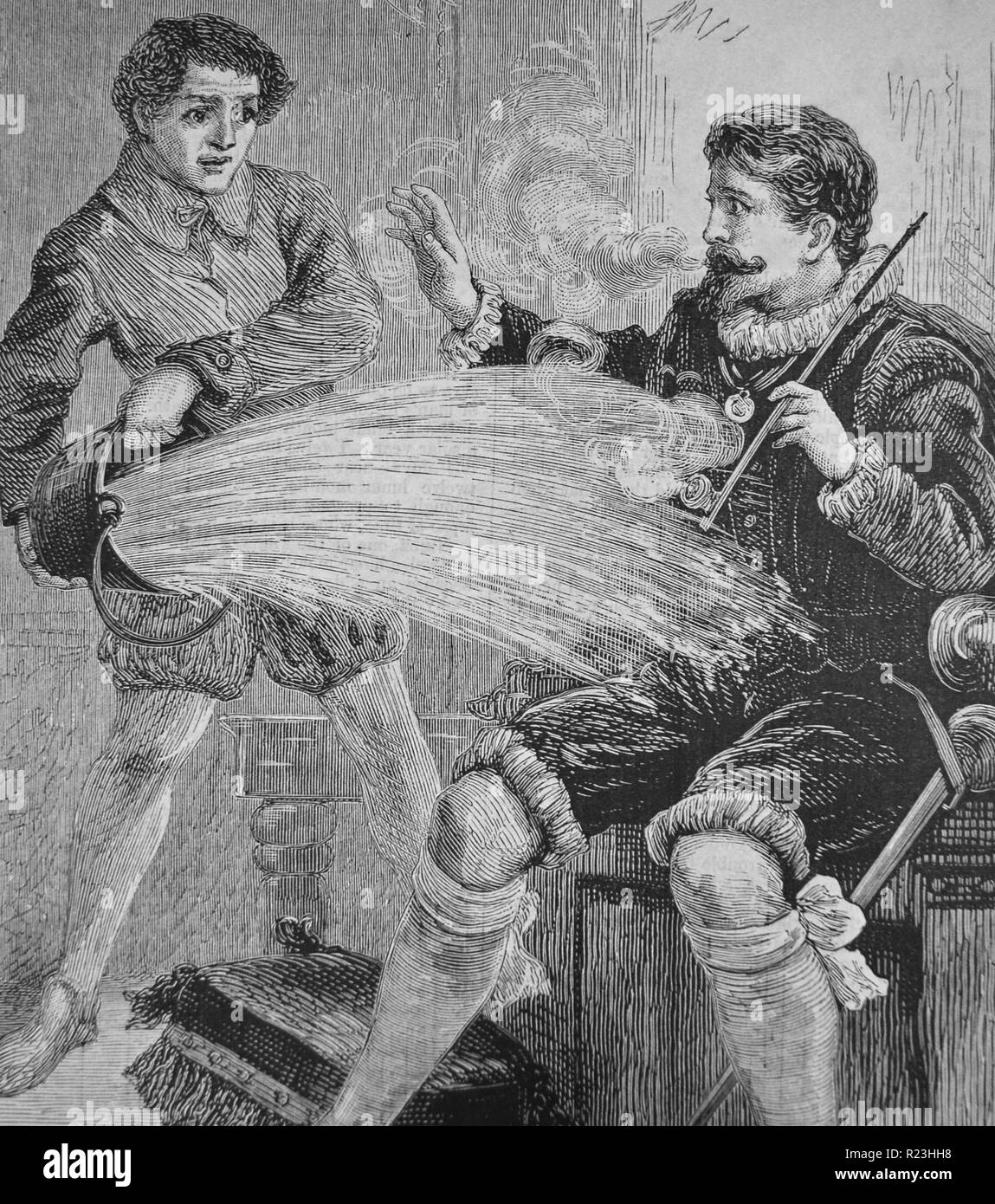 The legend that Walter Raleigh (1552-1618) English courtier and navigator, was soaked with a bucket of water by his servant who thought his master was on fire when smoking a pipe. Lllustration, London, 1877. Stock Photo