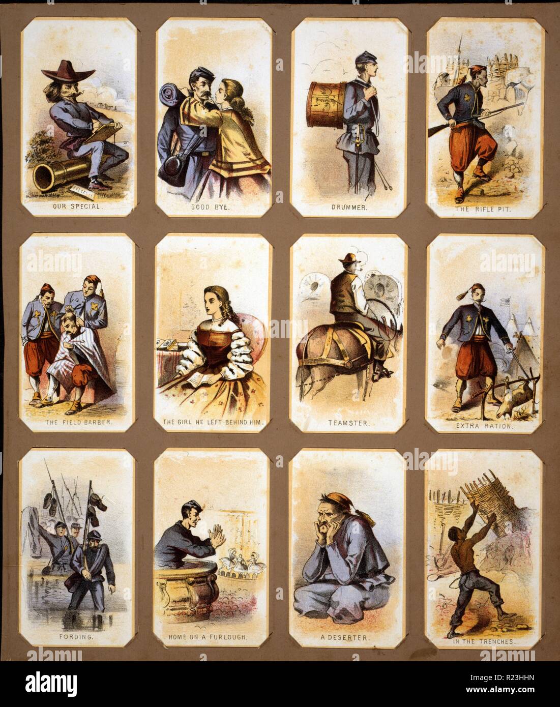 Life in camp, part 2. Souvenir cards showing the various views of the daily life of Union soldiers during the Civil War. 1861-1865 Stock Photo