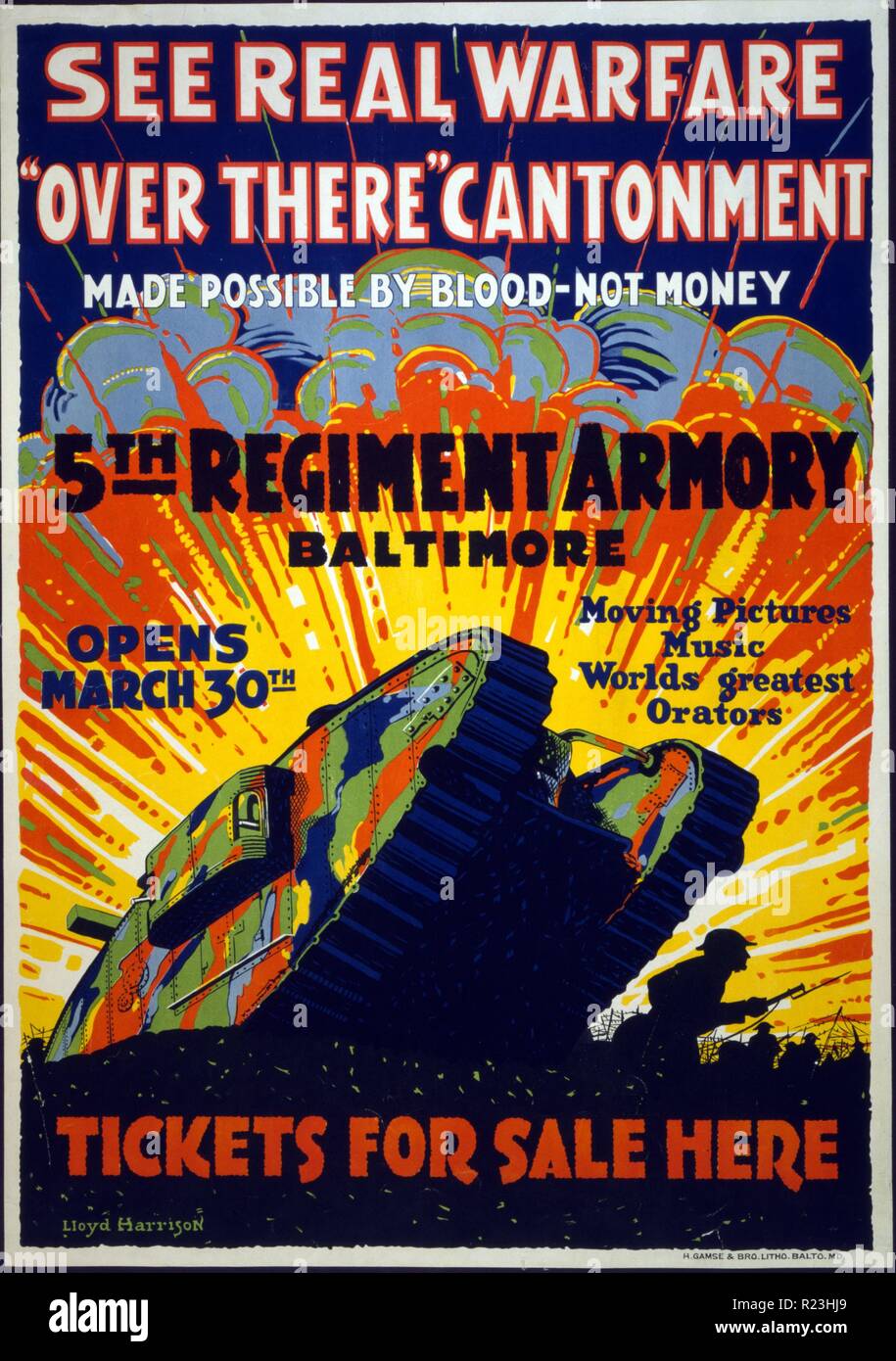 See real warfare - 'over there' cantonment - made possible by blood-not money 5th Regiment Armoury, Baltimore - tickets for sale here. Poster showing a tank climbing across a trench. Stock Photo