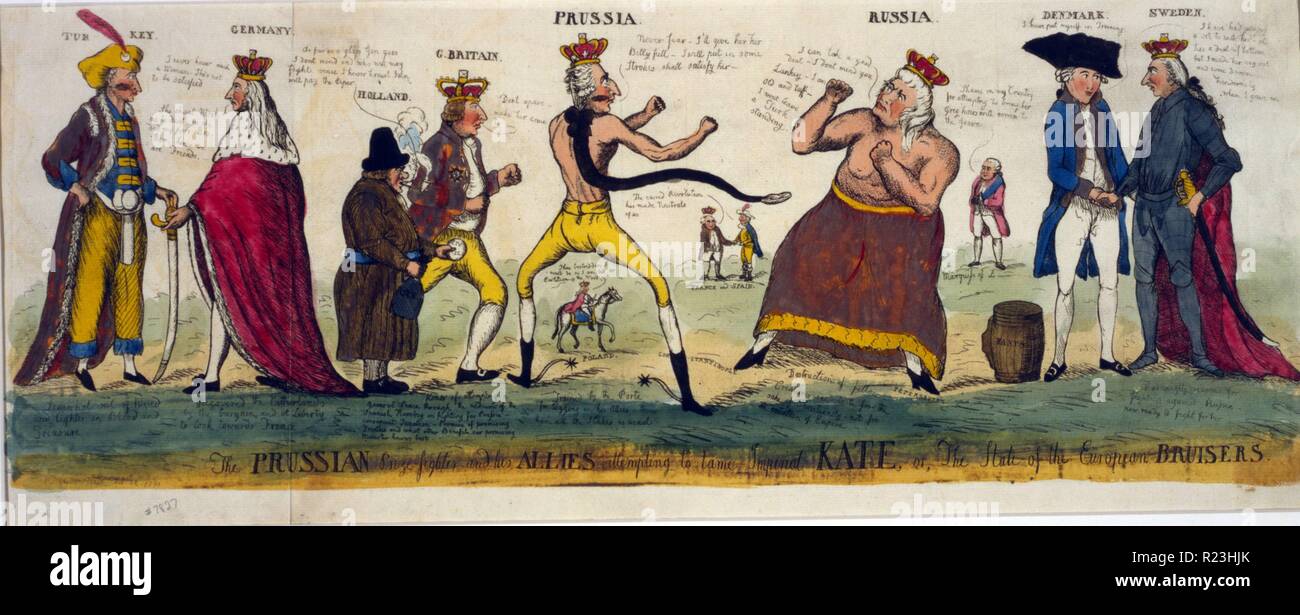 The Prussian prize-fighter and his allies attempting to tame imperial Kate, or, the state of the European bursiers. Cartoon shows Catherine II and Frederick William II as pugilists, stripped to the waist with fists raised, on either side stand other European heads of state. 1791 Stock Photo