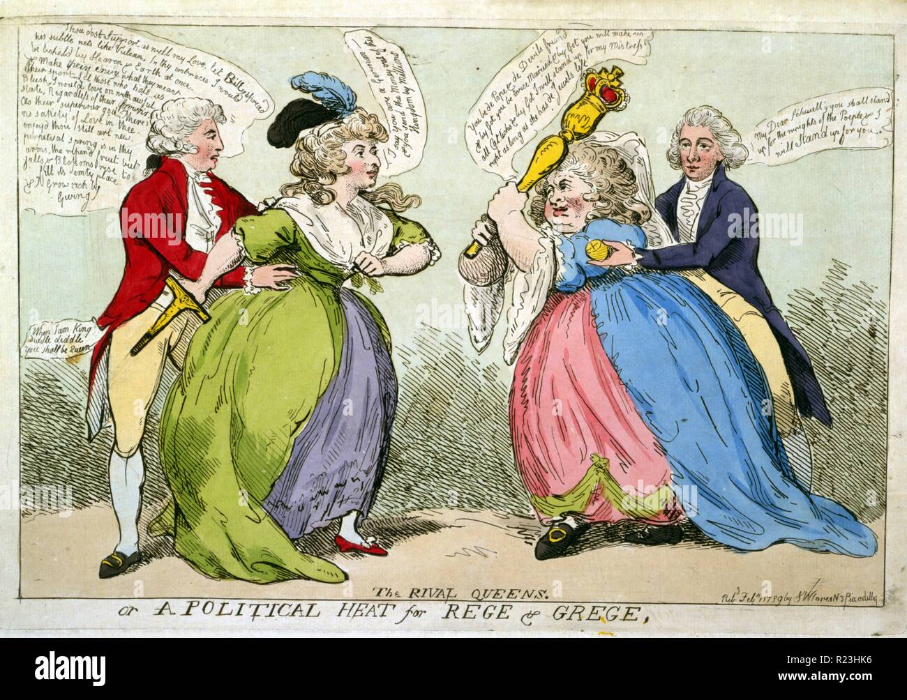 The rival queens or a political heat for Rege & Grege. An encounter between two stout ladies, Mrs. Fitzherbert and Mrs. Schwellenberg, each with a second: the Prince of Wales, his hands on his lady's waist, and Pitt holding out a lemon to the furious German woman, who raises a massive sceptre in both hands to strike her opponent. Stock Photo