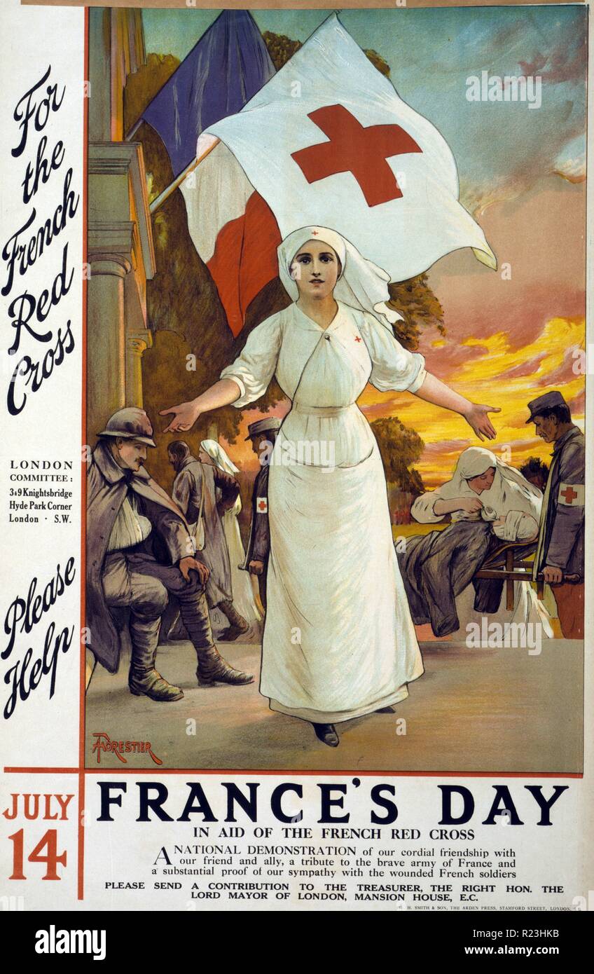 For the French Red Cross. Please help. July 14 - France's day, in aid of the French Red Cross. Poster showing a Red Cross nurse with arms extended, as others tend to wounded soldiers, under the flags of France and the Red Cross. Stock Photo