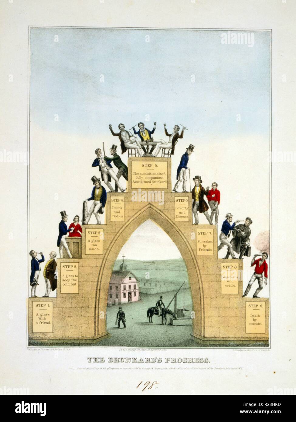 The drunkard's progress. Print shows an archway of the nine steps of a drunkard's progress, beginning with a man in fancy dress having 'a glass with a friend' and then his gradual decline in society with poverty & disease, criminal activity, becoming a bum, and his eventual 'death by suicide'; two men and a distillery are in the background 1846 Stock Photo