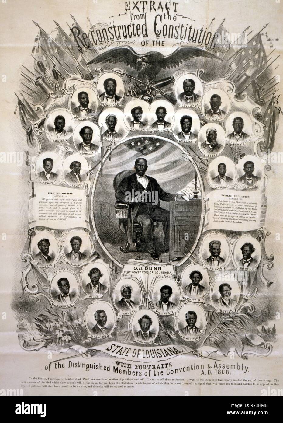Extract from the reconstructed Constitution of the state of Louisiana, with portraits of the distinguished members of the Convention & Assembly. Full-length portrait of Oscar J. Dunn, Lieut. Governor of Louisiana, seated at desk, and twenty-nine head-and-shoulders portraits of African American delegates to the Louisiana Constitutional Convention. Stock Photo