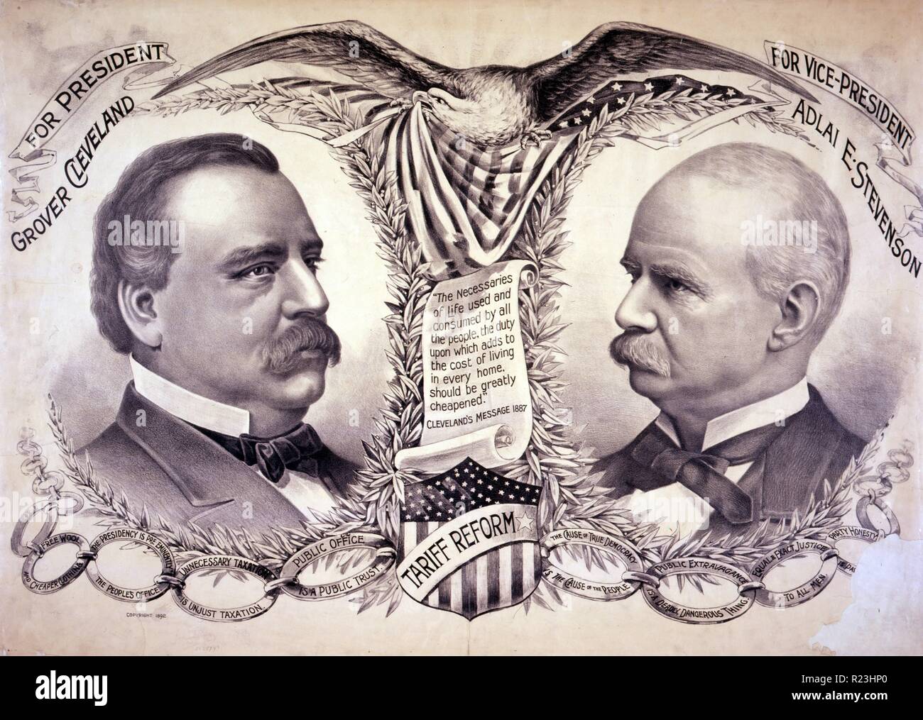 For President, Grover Cleveland, for Vice-President, Adlai E. Stevenson. Political poster shows bust portraits of candidates with campaign slogans. 1892 Stock Photo