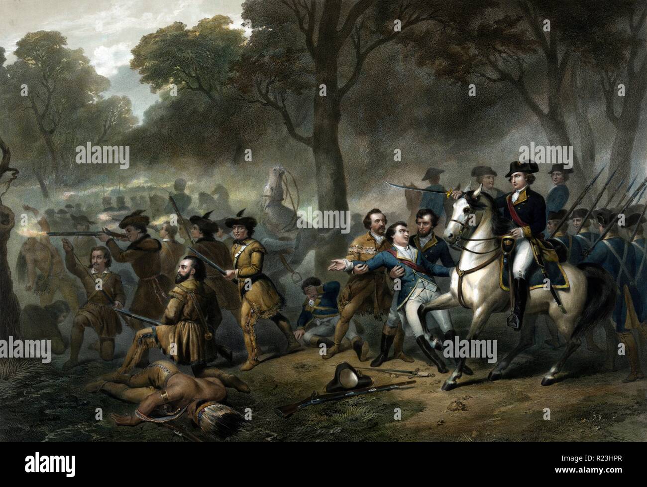 Life of George Washington - The Soldier. George Washington on horse, soldiers fighting during the battle of the Monongahela (July 9, 1755). c.1854 Stock Photo