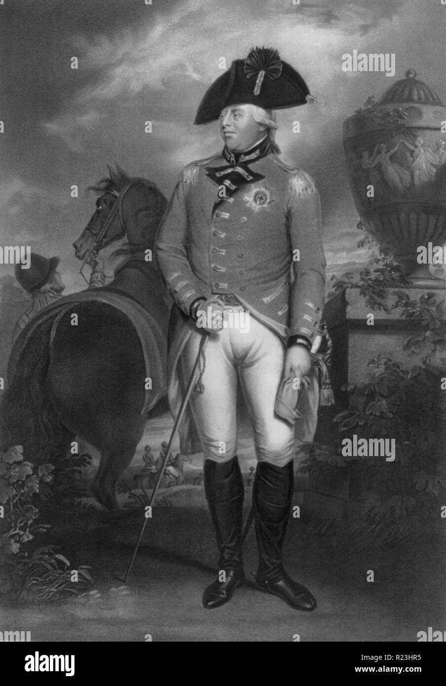 His most gracious majesty King George the Third. Painted by Sr. Wm. Beechey R.A. King George III was King of the United Kingdom of Great Britain and Ireland. He was concurrently Duke and prince-elector of Brunswick-Luneburg ('Hanover') in the Holy Roman Empire until his promotion to King of Hanover in 1814. He was the third British monarch of the House of Hanover, but spoke English as his first language, and never visited Hanover. Stock Photo