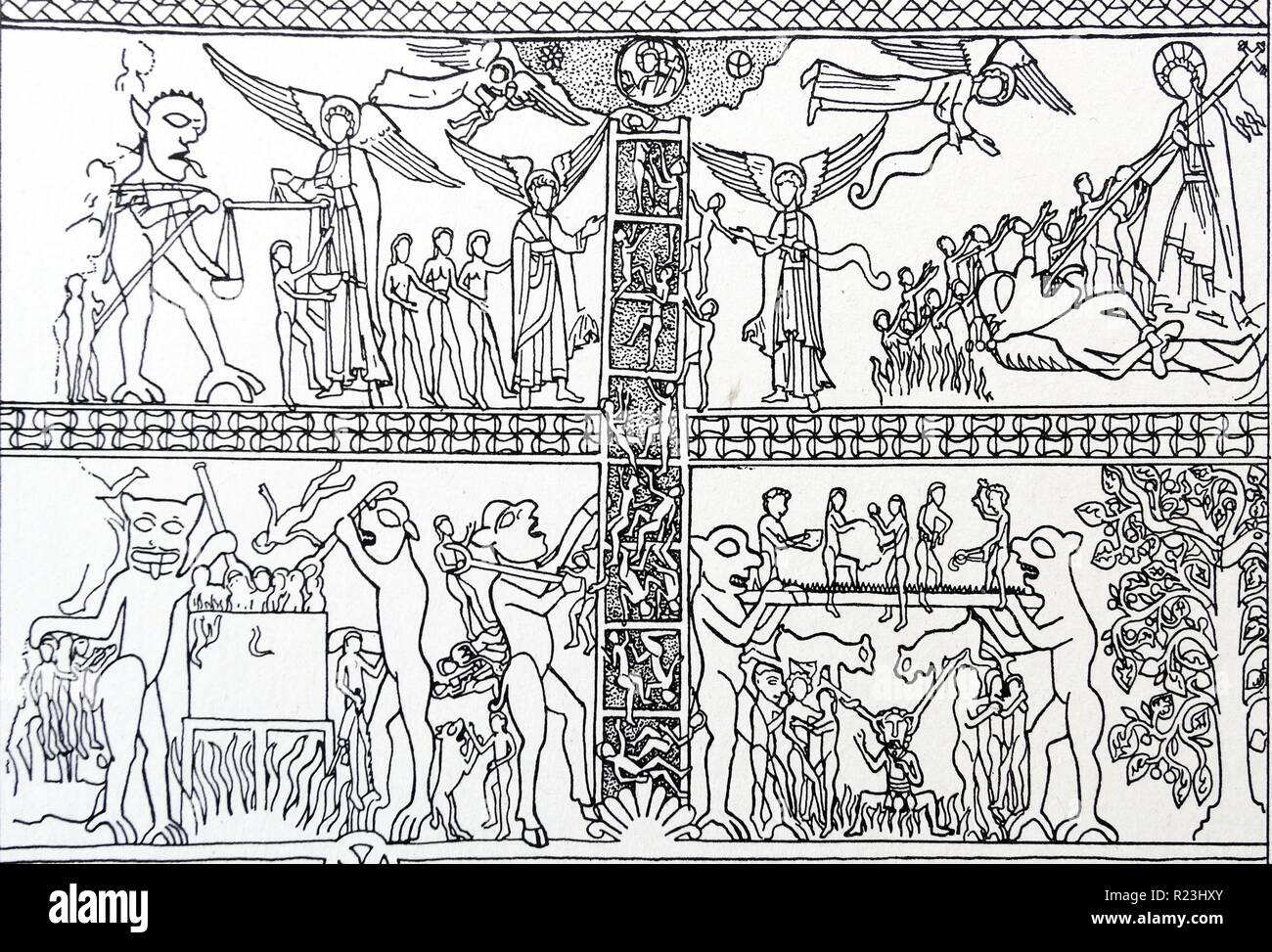 Line drawing based on the idea of the 'Ladder of Salvation'. The bottom half comprises of Hell and the upper half comprises of Heaven. Dated 13th Century Stock Photo