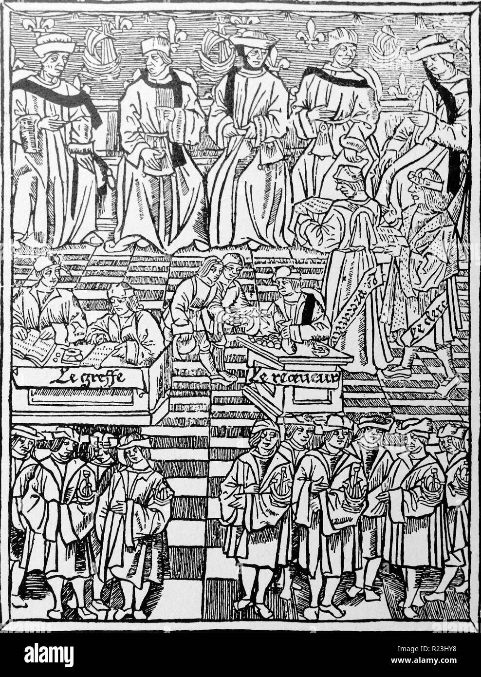 Woodcut depicting the Municipal court of Paris. The Provost presides over with other high officials depicted in the upper portion with other high officials, whilst in the lower portion merchant's and burgesses' representatives are in the foreground. Dated 16th Century Stock Photo