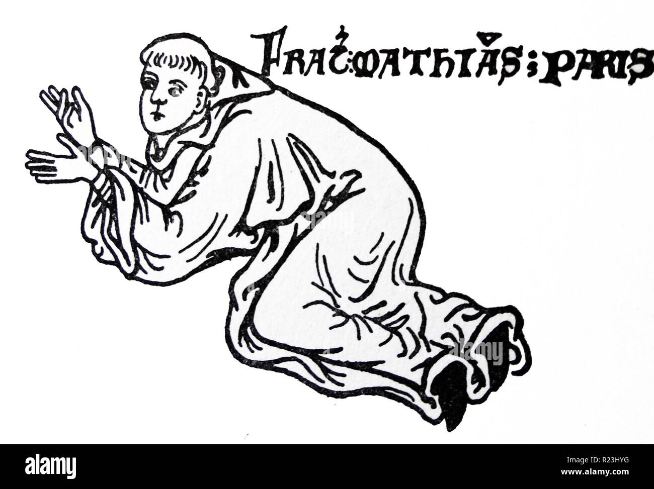Line drawing of Frater Mathias Parisiensis kneeling in adoration. Drawn by Matthew Paris. Dated 13th Century Stock Photo