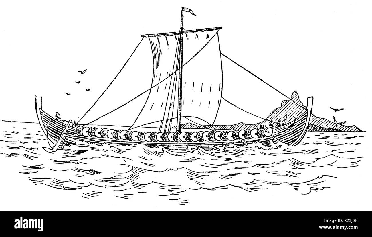 A Viking ship. A reconstruction (from Prof. Montelius's book on Scandinavian archaeology) of an actual Viking ship found, almost complete, at Gokstad, Norway. Stock Photo