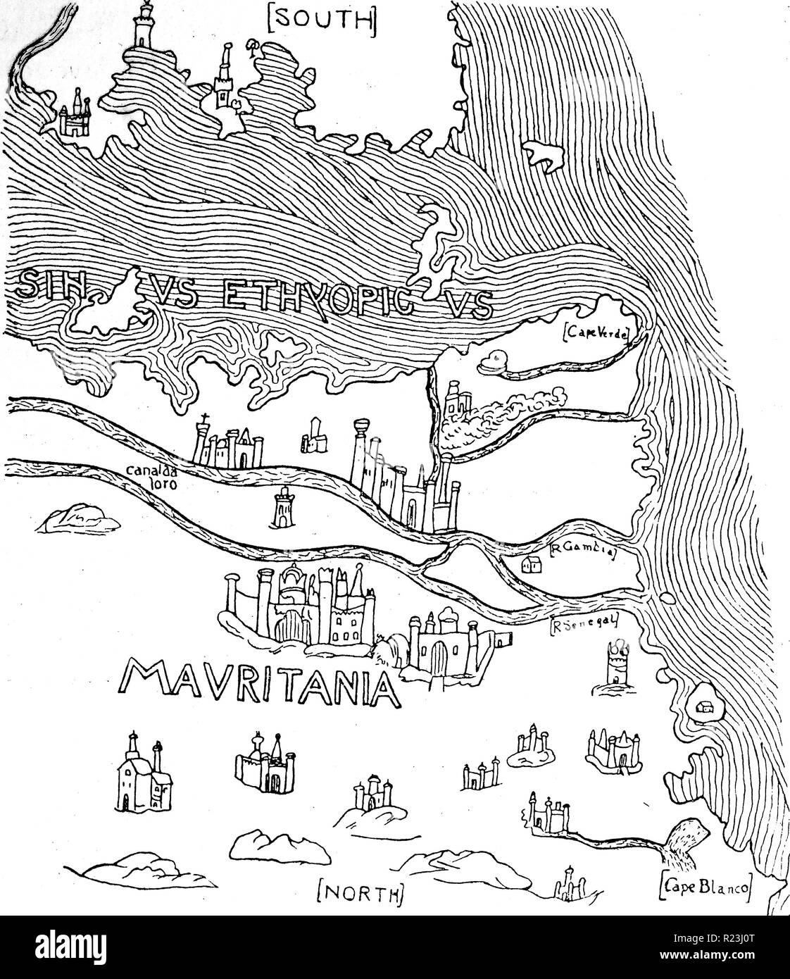 A portion of Africa from Fra Mauro's map illustrating Cadamosto's voyage beyond Cape Blanco. c.1450 Stock Photo