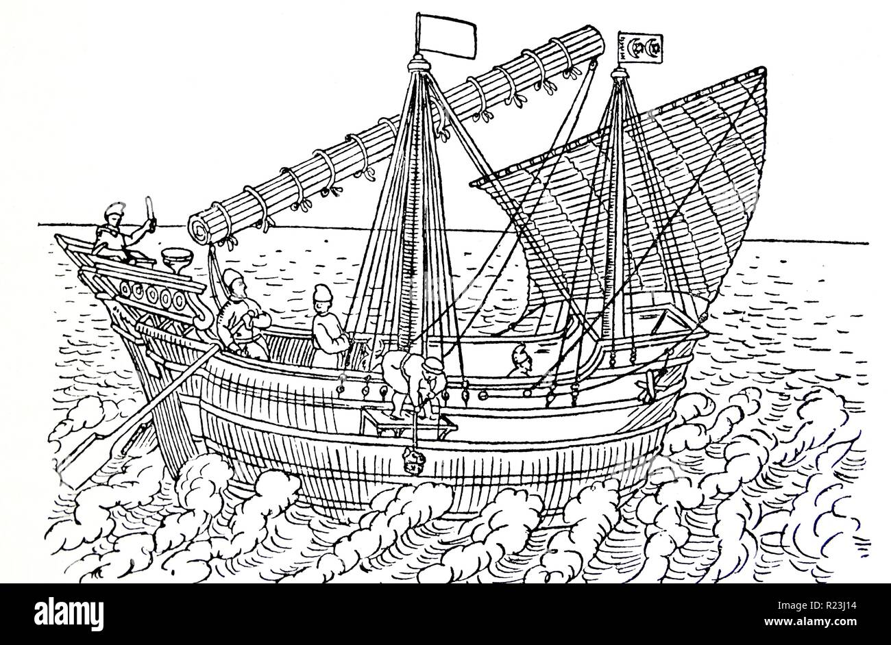 A ship of Java and the China Seas in the 16th century. From Linschoten's navigation ac Itinerarium, 1598. Stock Photo