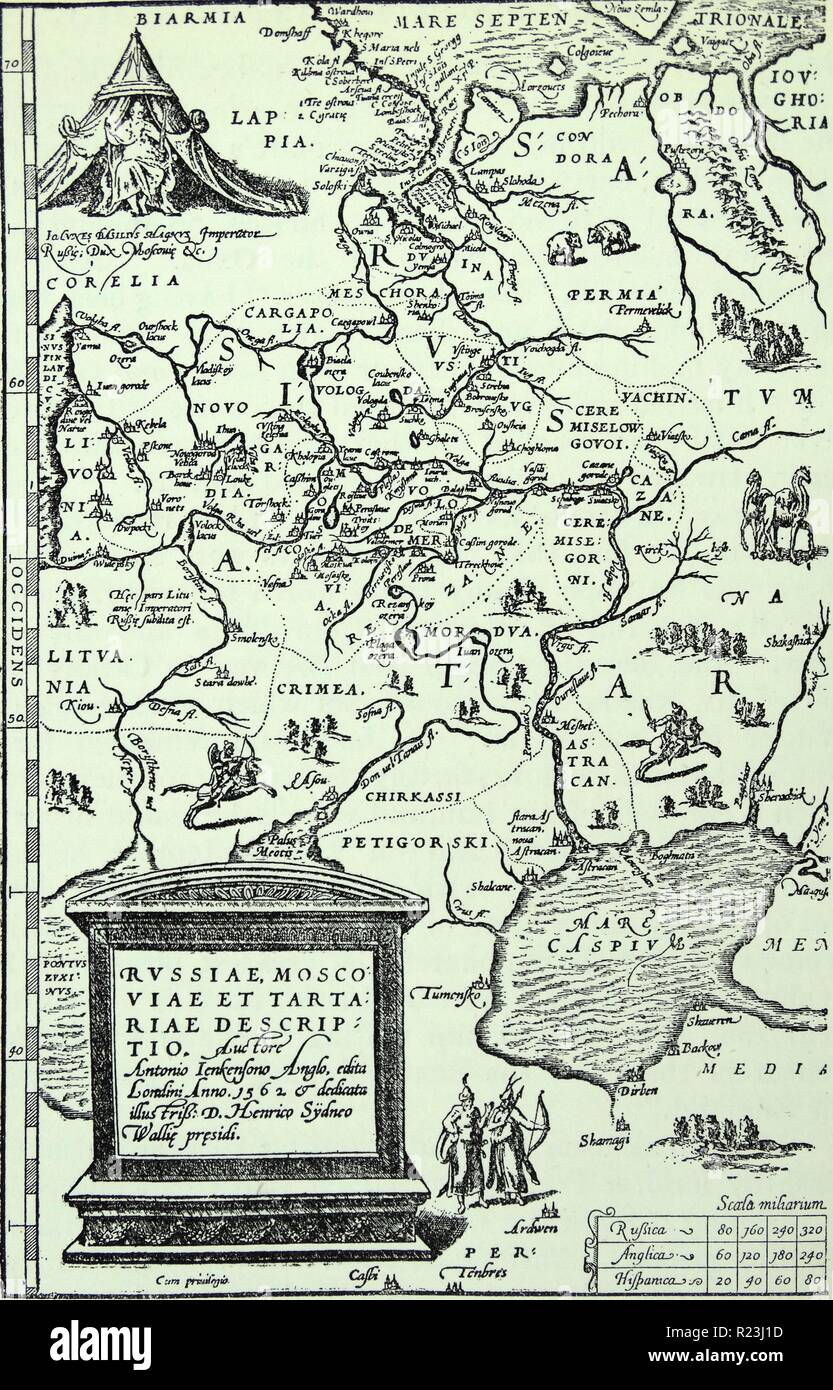 Anthony Jenkinson's (1529-1611) map of Russia. He was one of the first Britons to explore Muscovy and present day Russia. Jenkinson was a traveller and explorer on behalf of the Muscovy Company and the English crown. Stock Photo