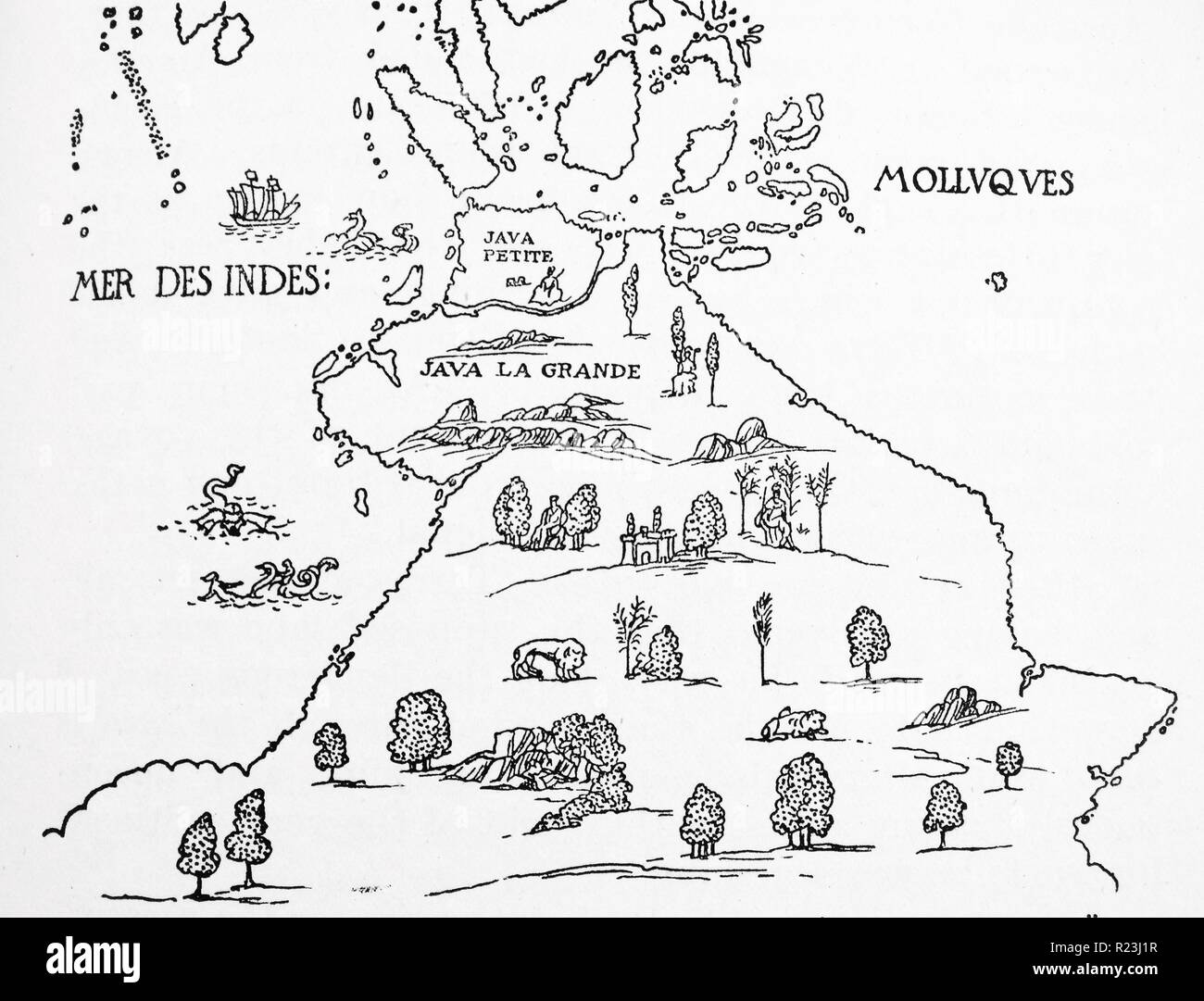 An early map of 'Terra Australis', called 'Java La Grande' in its supposed eastern part. From the 'Dauphin' map of 1546. Stock Photo