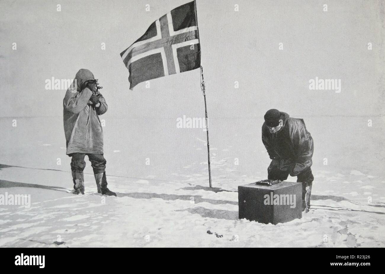 Captain Roald Amundsen (1872-1928) taking sights at the South Pole. Stock Photo