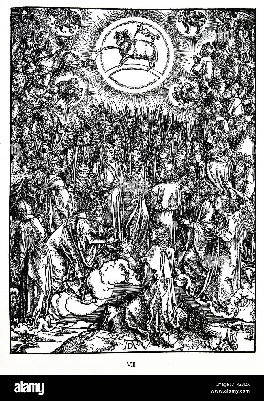 Martin Luther: Preface to the Revelation of John ( 1522): Vorrede zur Offenbarung Johannes (1522). Apocalypse in figures; Woodcut by Albrecht Durer; The Adoration of the Lamb and the Hymn of the Chosen. The Revelation of Saint John Stock Photo
