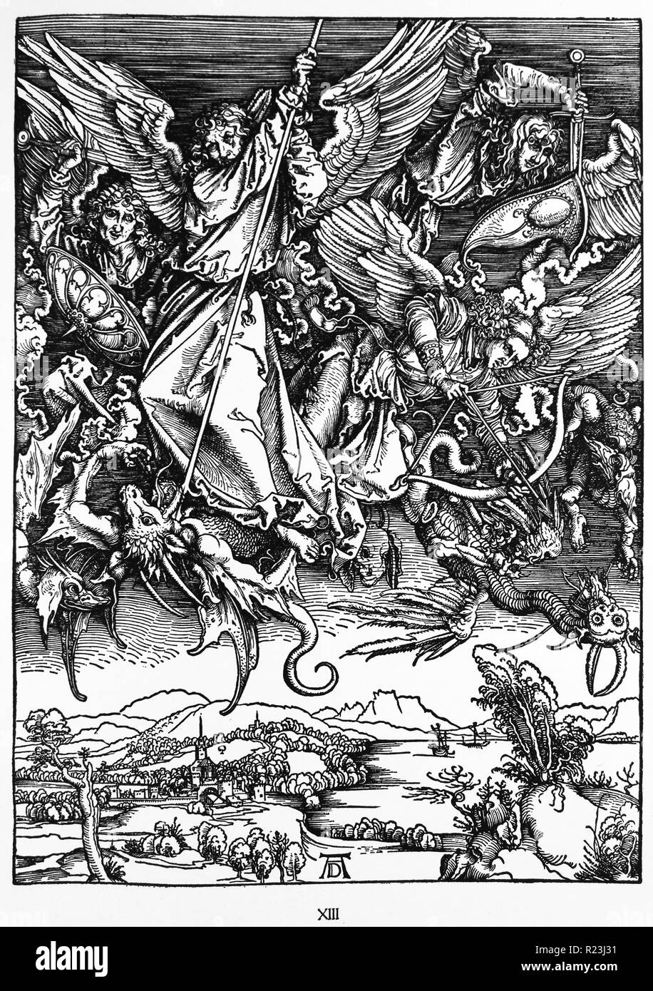 Martin Luther: Preface to the Revelation of John ( 1522): Vorrede zur Offenbarung Johannes (1522). Apocalypse in figures; Woodcut by Albrecht Durer; St. Michael fighting the dragon Stock Photo