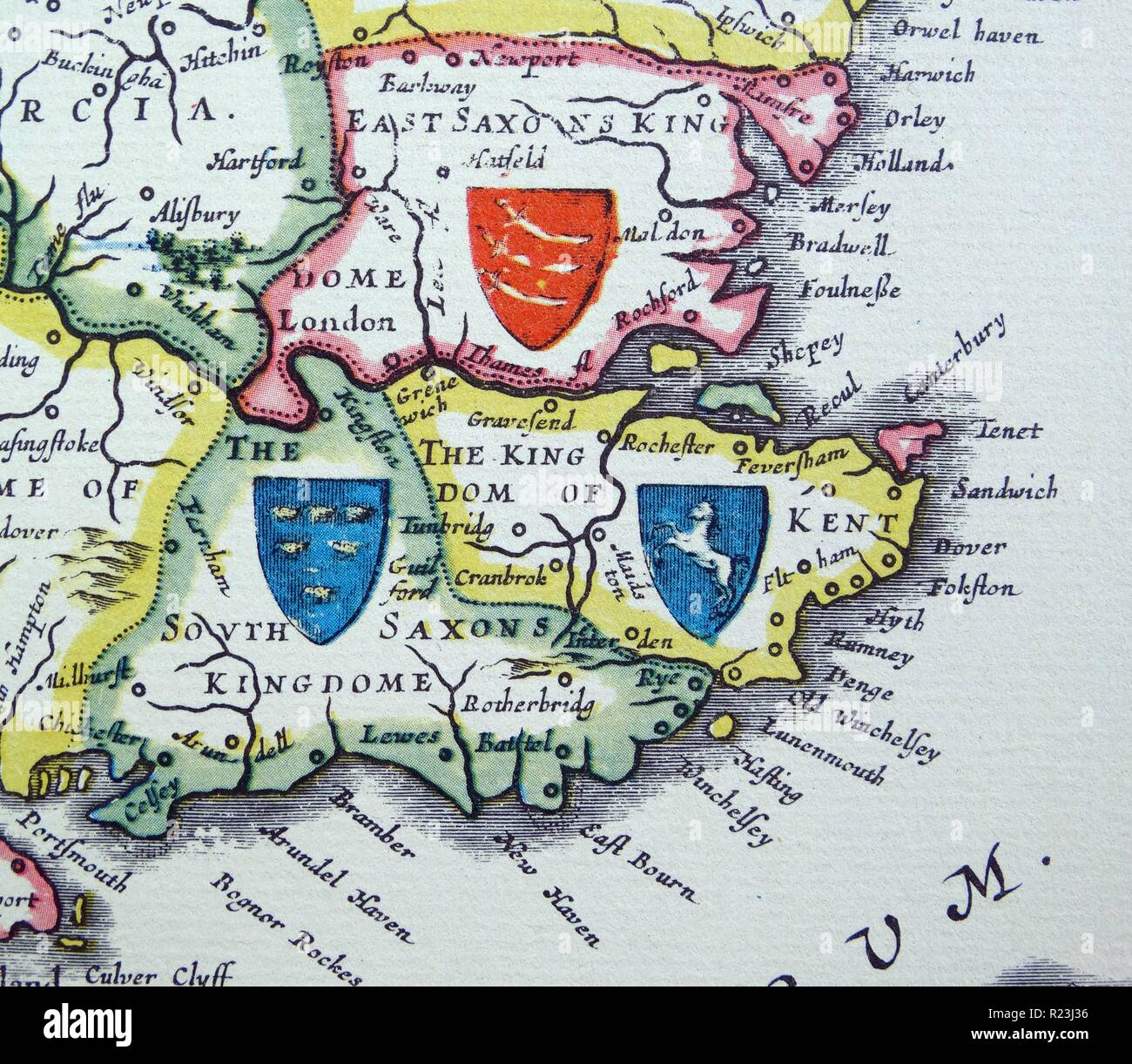 Shields of Sussex, Kent and Essex from the Heptarchy; a collective name applied to the Anglo-Saxon kingdoms of south, east, and central England during late antiquity and the early Middle Ages, Detail from an antique map of Britain, by the Dutch cartographer Willem Blaeu in Atlas Novus (Amsterdam 1635) Stock Photo