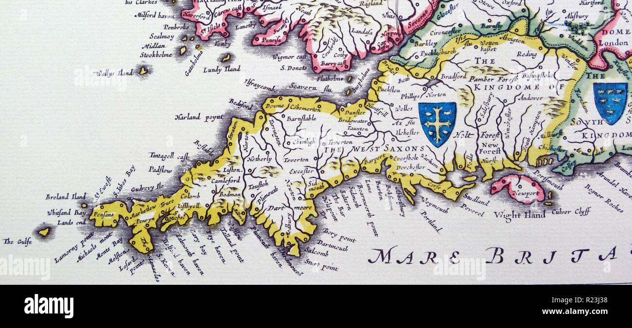 Shields of Wessex and Sussex from the Heptarchy; a collective name applied to the Anglo-Saxon kingdoms of south, east, and central England during late antiquity and the early Middle Ages, Detail from an antique map of Britain, by the Dutch cartographer Willem Blaeu in Atlas Novus (Amsterdam 1635) Stock Photo