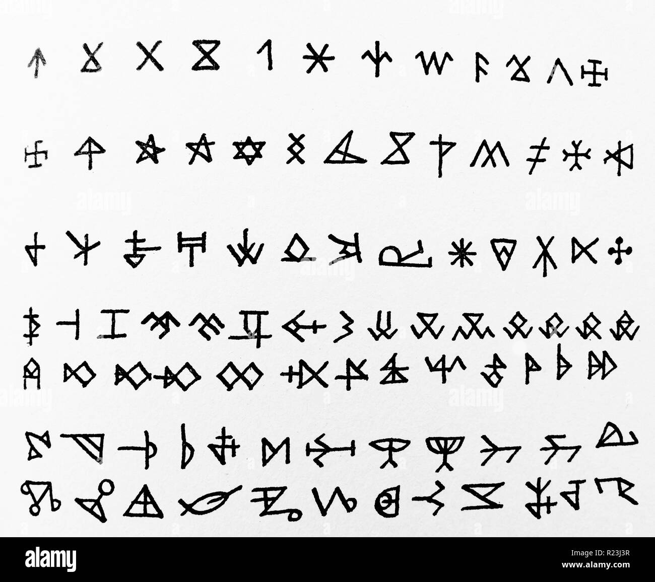 A selection of English Masons' marks. A mason's mark is a symbol often found on dressed stone in buildings and other public structures. Dated from the 13th Century Stock Photo