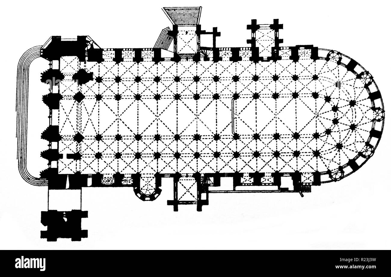 Bourges Cathedral Floor Plan. Bourges Cathedral is a Roman Catholic cathedral, dedicated to Saint Stephen, located in Bourges, France. It is the seat of the Archbishop of Bourges. Dated 13th Century Stock Photo