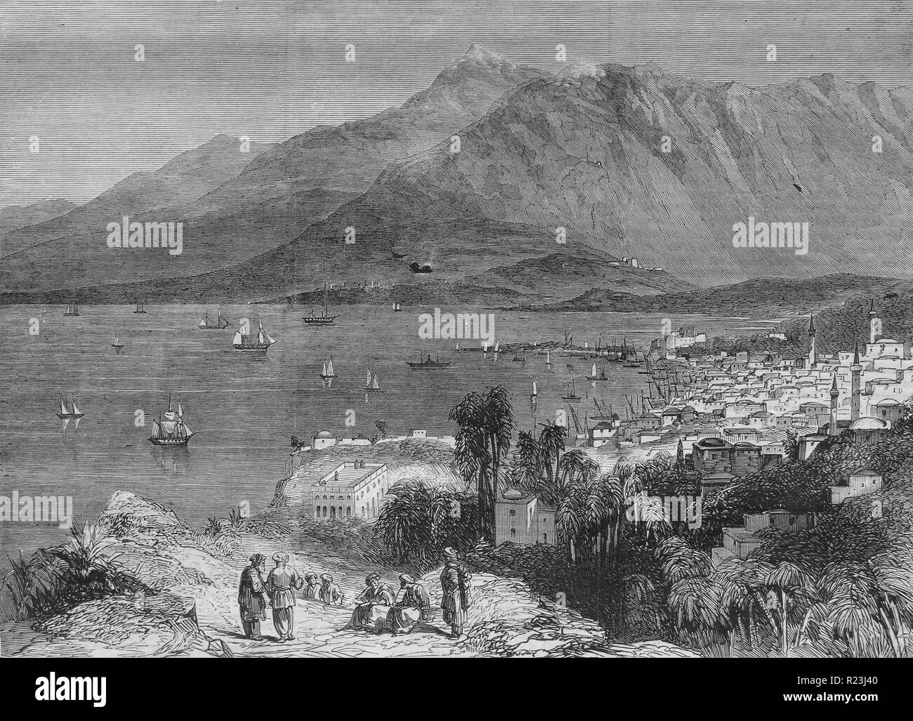 The town of Beirut and Mount Lebanon. From a drawing by J. Lewis Farley. 1860 Stock Photo