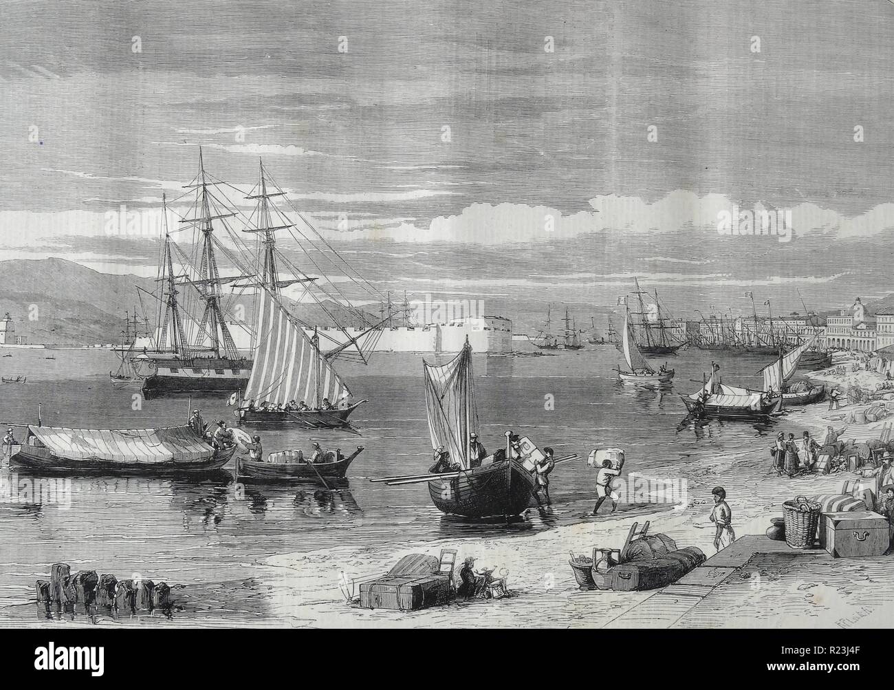 The Revolution in Sicily. The people relanding with their chattels at Messina, after the Battle of Melazzo. From a sketch by T. Nast. 1860 Stock Photo