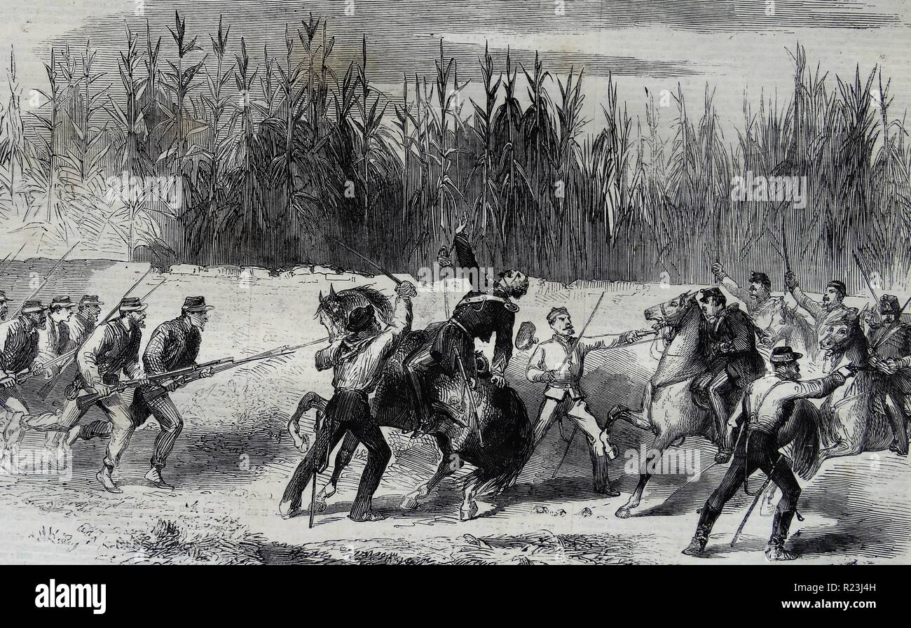 Garibaldi cutting down the Captain of the Neapolitan cavalry in the charge made by the latter near the bridge of Melazzo. 1860 Stock Photo