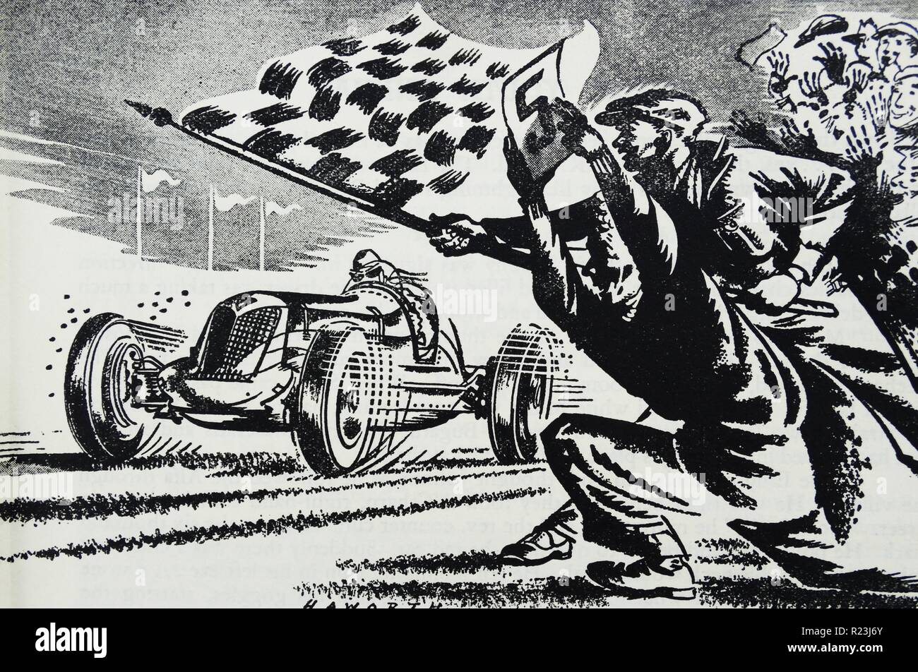Illustration from a book depicting the end of a car race. Dated 1940 Stock Photo