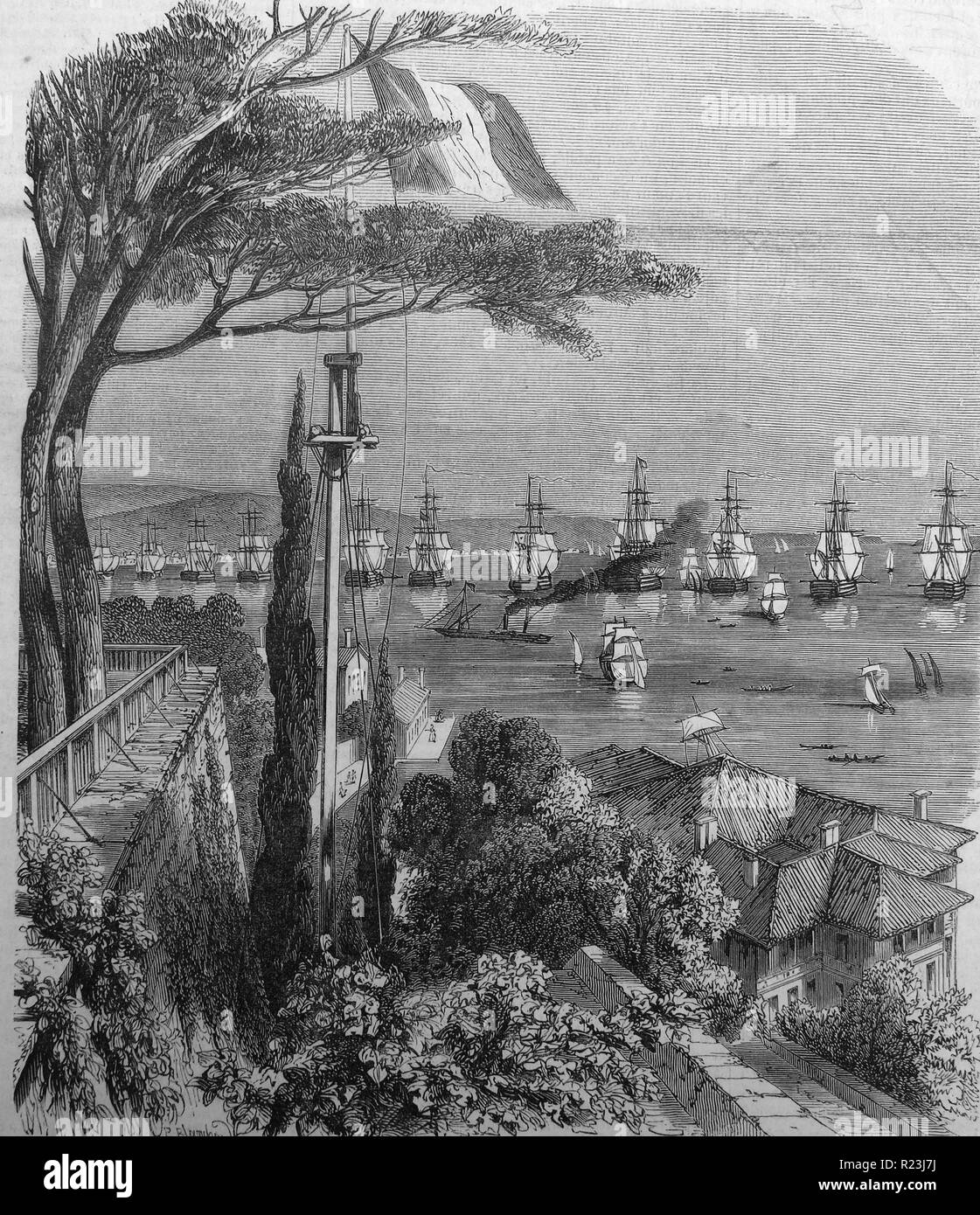 Illustration depicting the Ottoman fleet at anchor Boyouk-D'ere - View from the terrace of the palace of the Embassy of France, Terapia. Dated 1880 Stock Photo