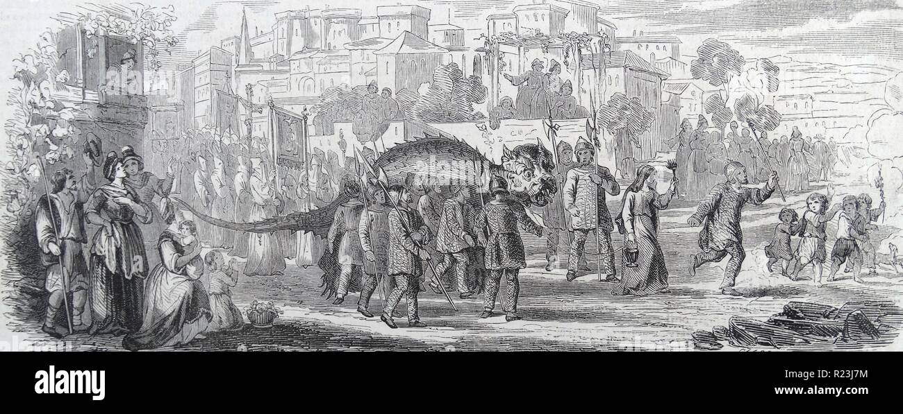 Illustration of a procession on St. Martha's day in Tarascon, France. Dated 1830 Stock Photo