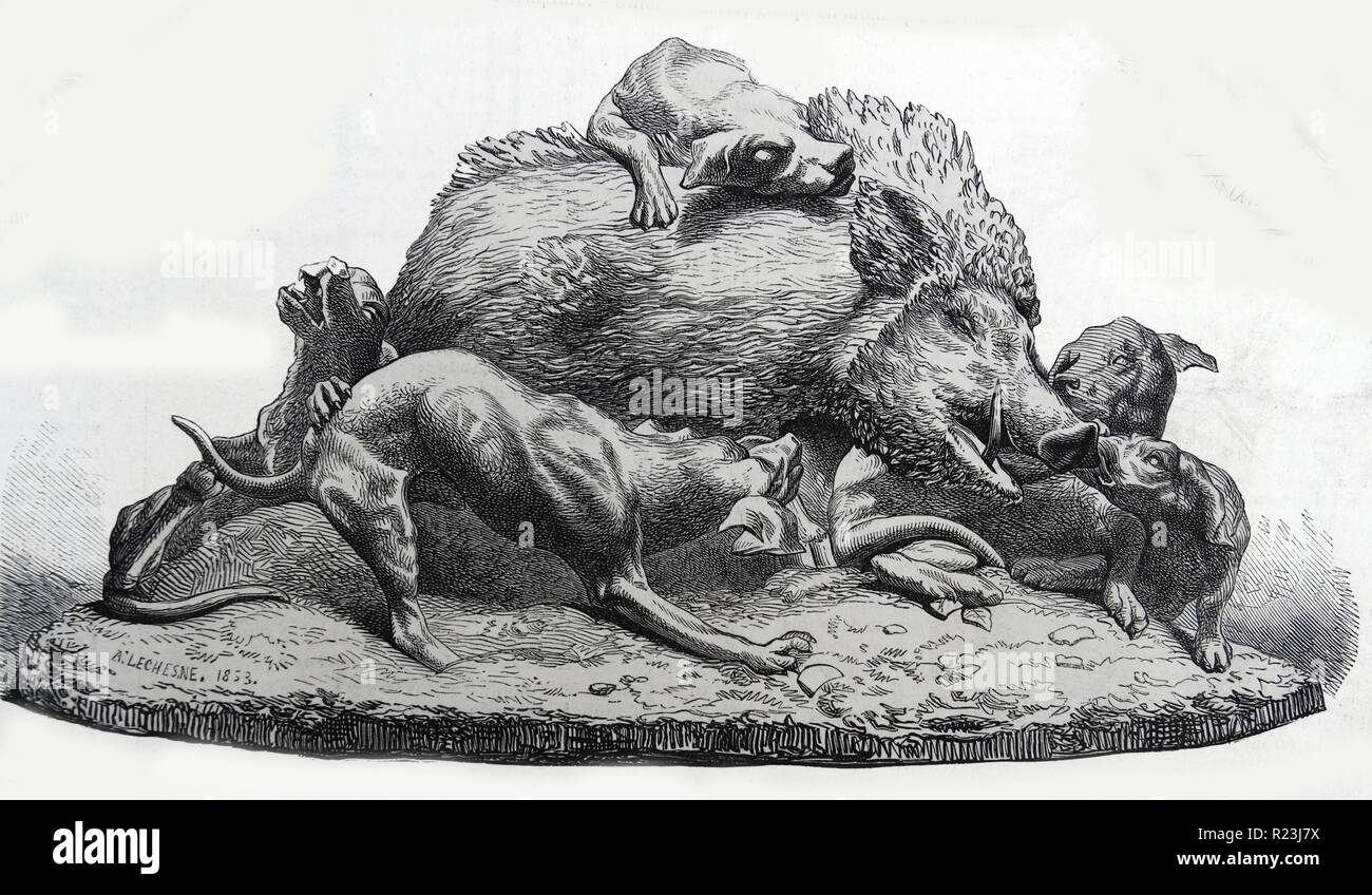 Illustration depicting a statue of a hog being attacked by dogs during a successful hunt. Dated 1820 Stock Photo