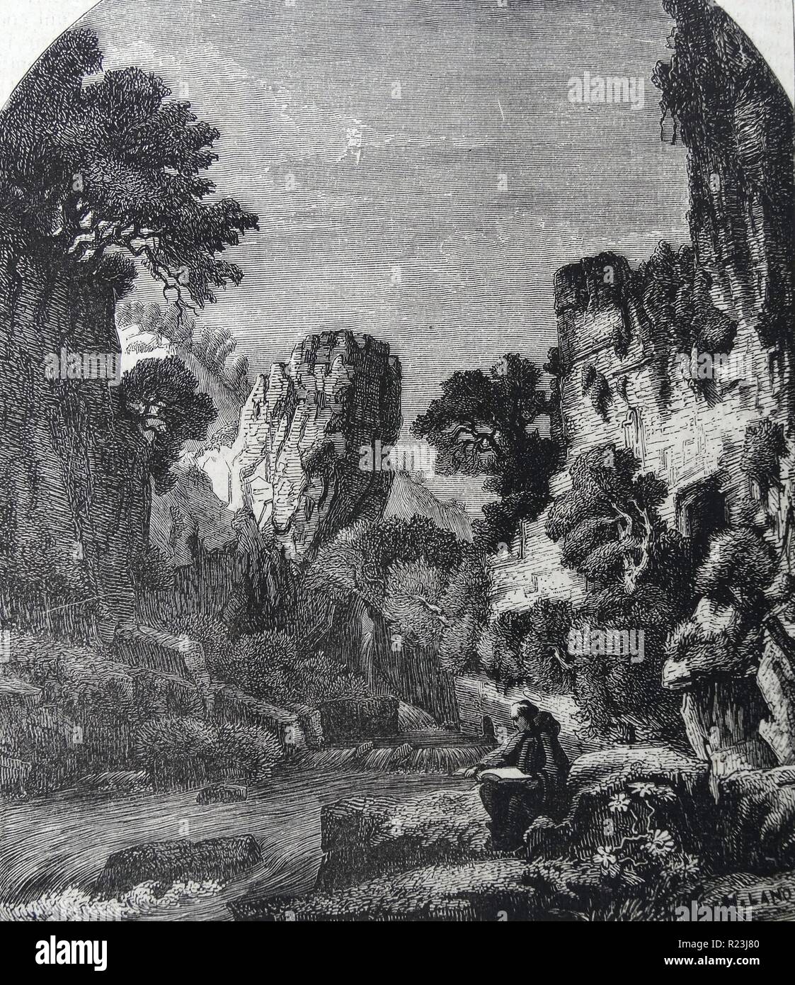 Illustration depicting Saint Benedict in the solitude of Subiaco, Italy. Dated 1830 Stock Photo