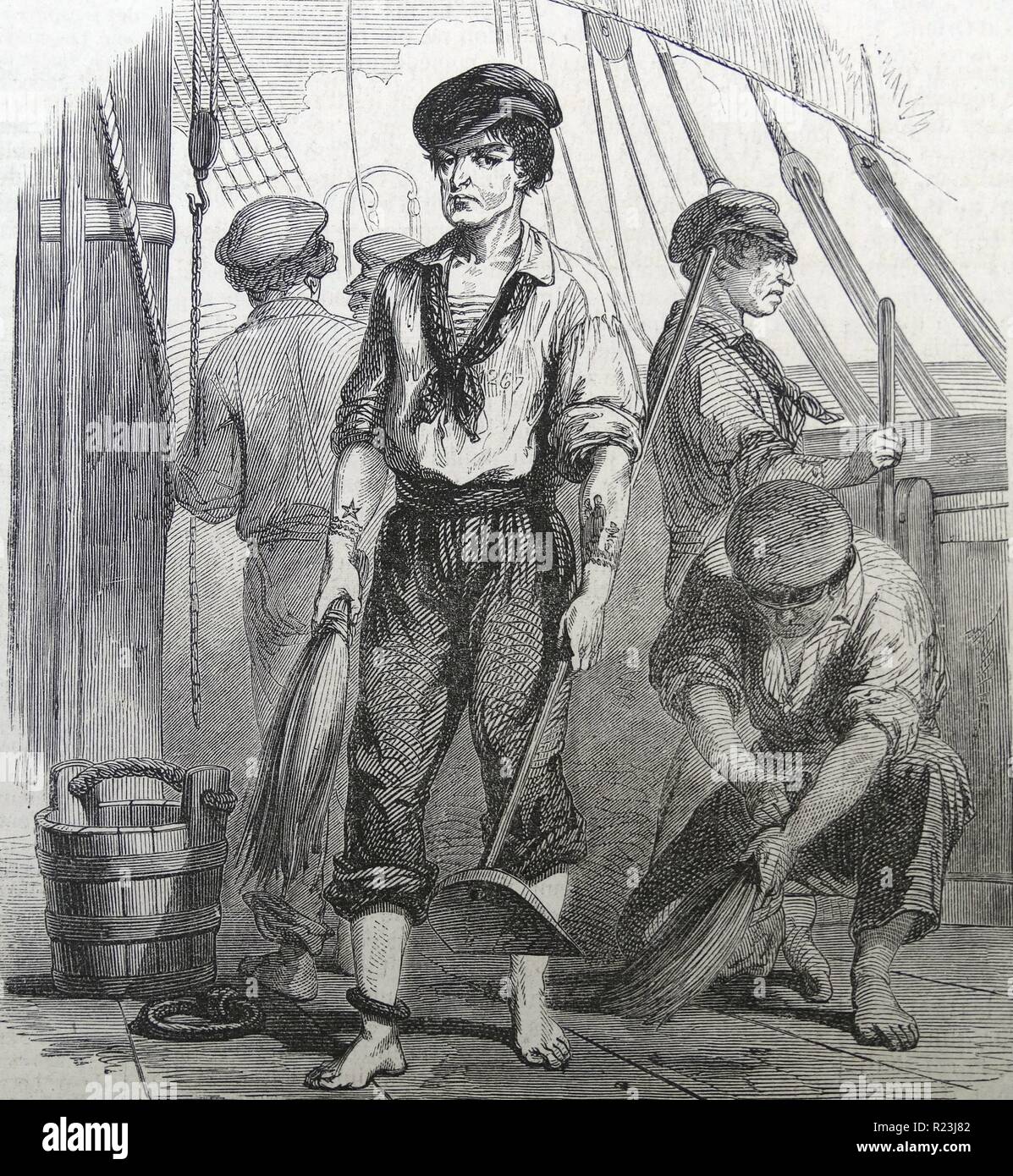 Illustration depicting convicts performing chores aboard the transport ship. Dated 1820 Stock Photo